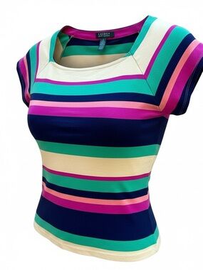 Lauren Ralph Lauren Short Sleeve Striped Tee in Navy, Green, Pink & Cream
